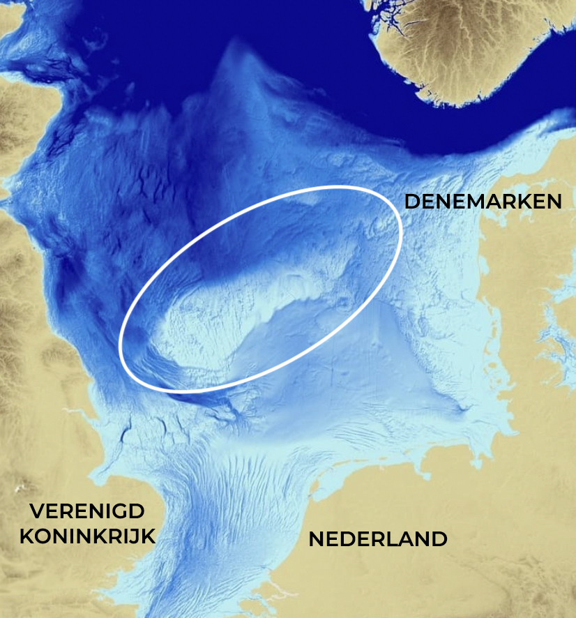 Ligging van de Doggersbank in De Noordzee. Dit gebied ligt ten noordwesten van Nederland centraal tussen het Verenigd Koninkrijk en Denemarken.