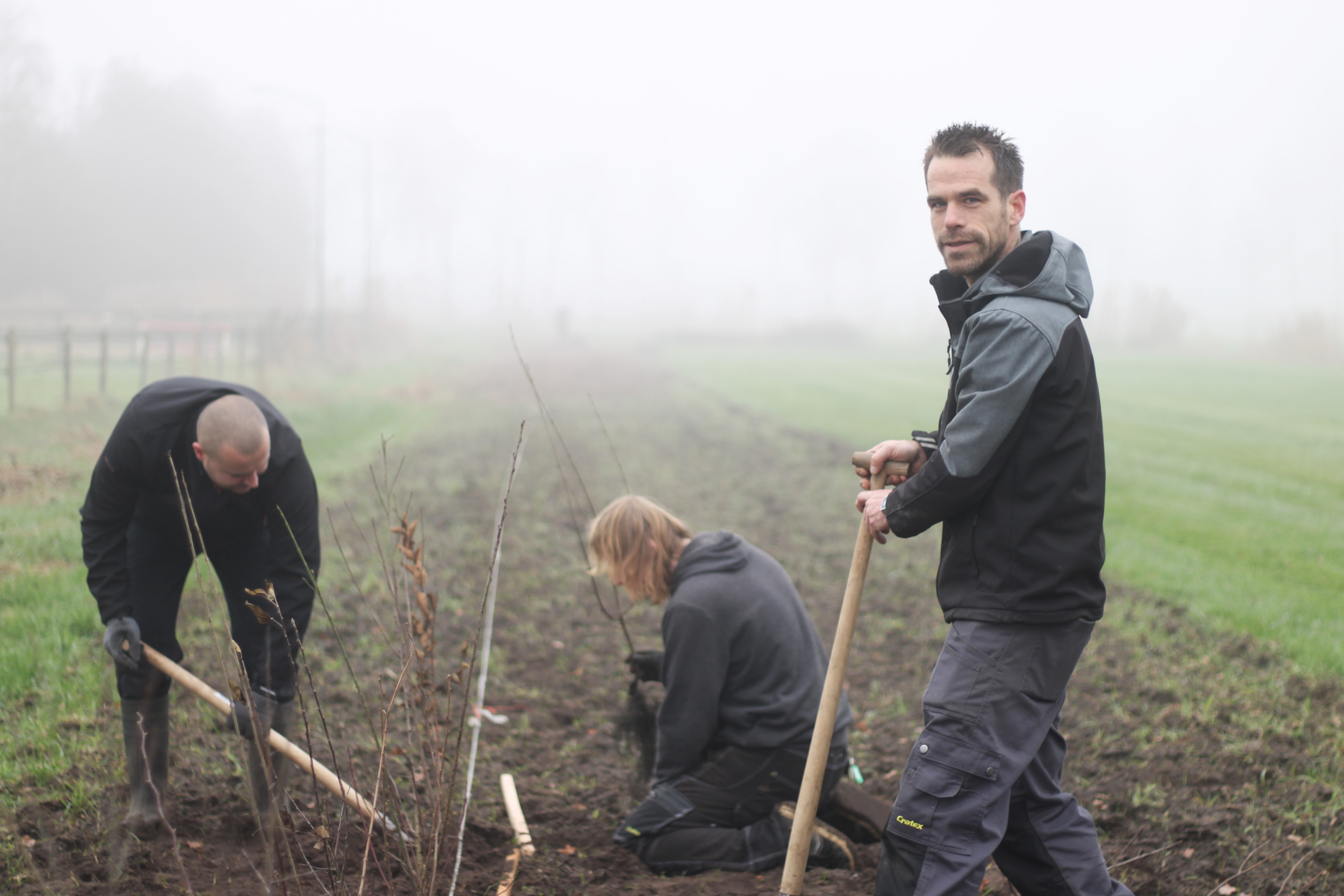 Medewerkers van Stichting Broekbos op het perceel van ARK bezig met nieuwe aanplant