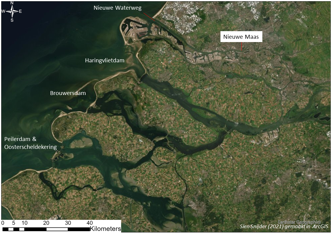 Overzicht van de (deels gesloten) zeearmen van de Rijn-Maasdelta