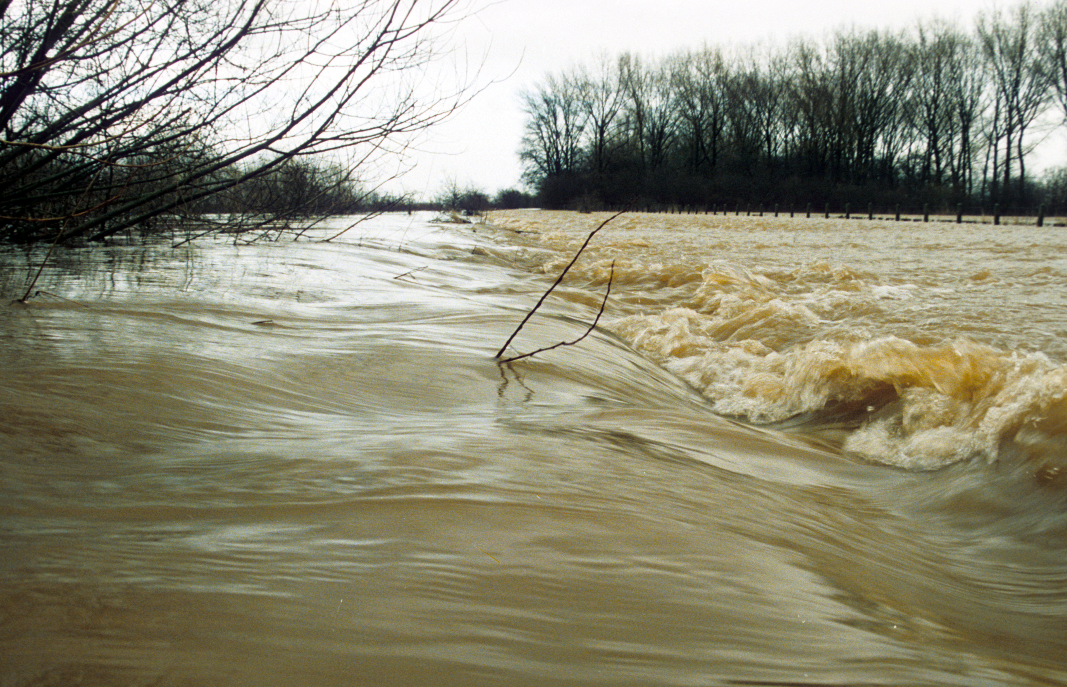 Fietspad op hoge rug Colenbrandersbos overstroomd Hoogwater Millingerwaard 1995