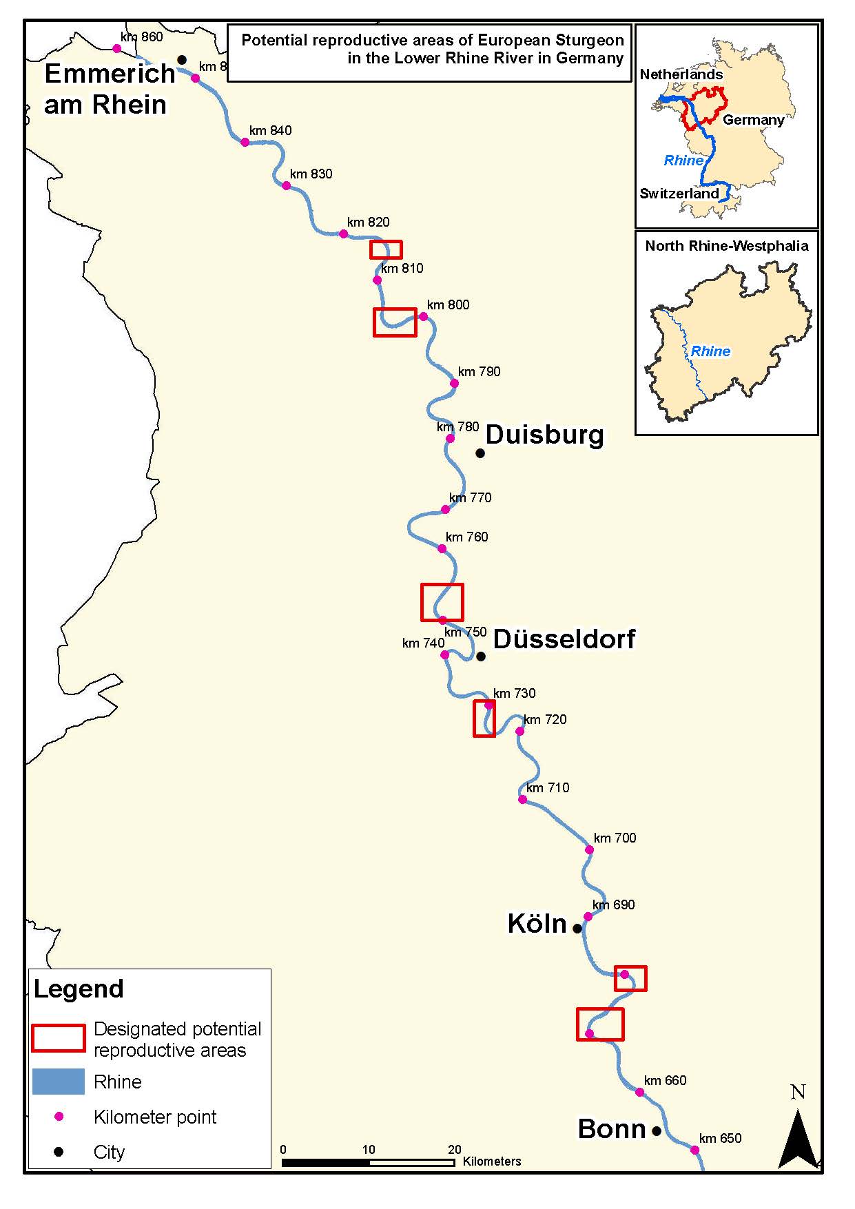 In het rood zijn de zeer geschikte paailocaties in het onderzochte studiegebied aangegeven